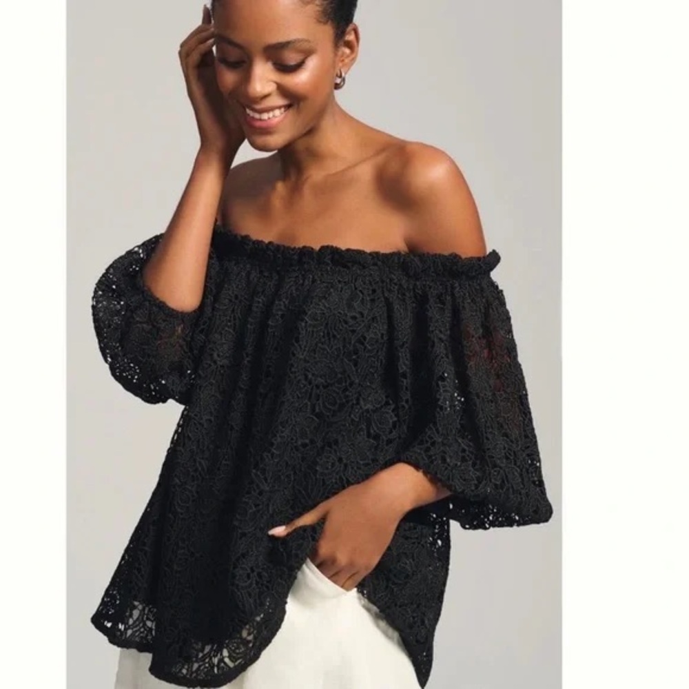 Maeve Off-The-Shoulder Cutwork Lace Top Black Small NWT Anthropologie